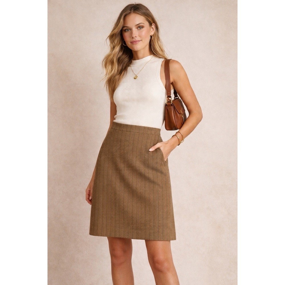 Harvé Bernard Brown Wool Pinstripe‎ Skirt Above Knee High Rise Classic
